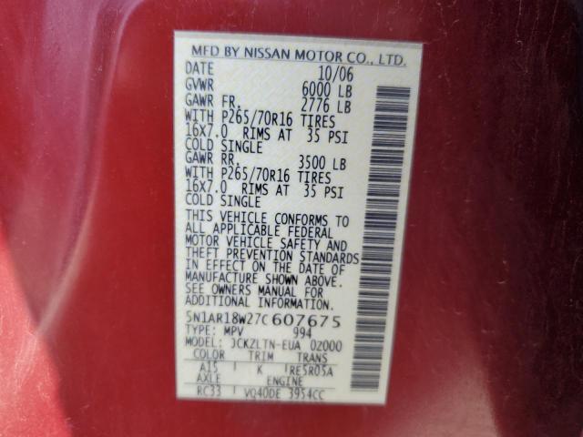 5N1AR18W27C607675 - 2007 NISSAN PATHFINDER LE RED photo 12