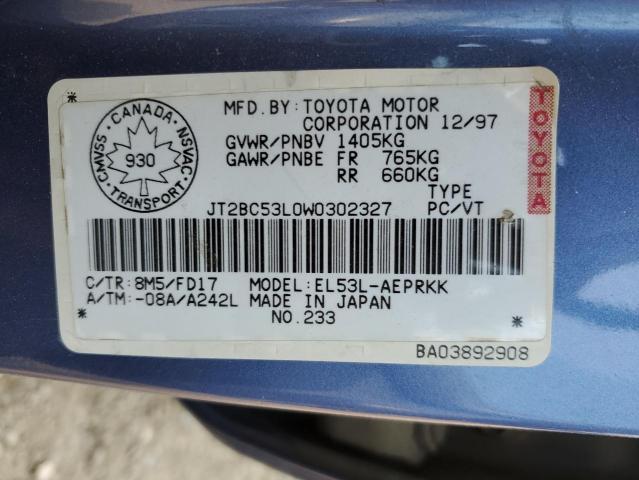 JT2BC53L0W0302327 - 1998 TOYOTA TERCEL CE BLUE photo 12