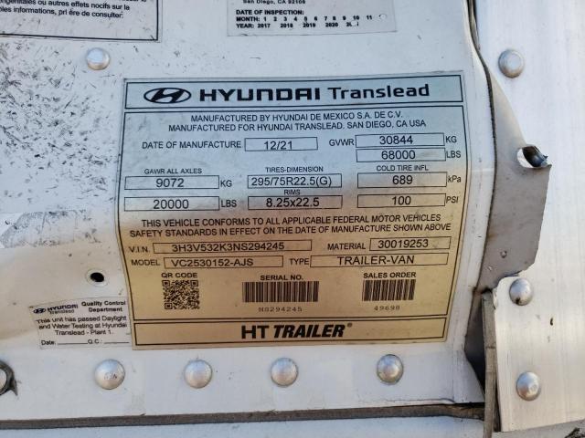 3H3V532K3NS294245 - 2022 HYUNDAI TRAILER WHITE photo 10