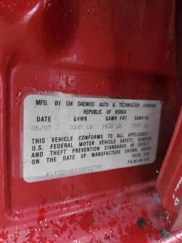 KL1TD66658B022700 - 2008 CHEVROLET AVEO BASE RED photo 12