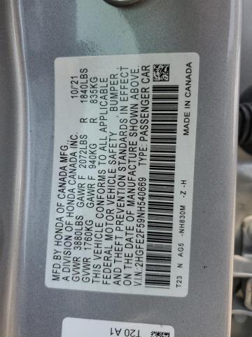 2HGFE2F59NH540669 - 2022 HONDA CIVIC SPORT 银色 照片 12