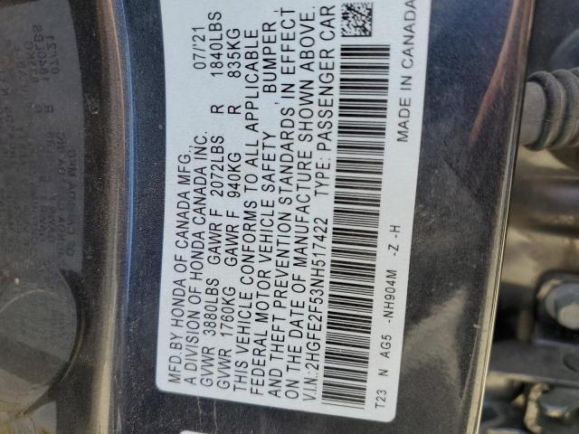 2HGFE2F53NH517422 - 2022 HONDA CIVIC SPORT 石墨色 照片 12
