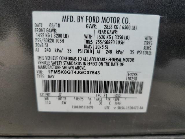 1FM5K8GT4JGC07543 - 2018 FORD EXPLORER SPORT CHARCOAL photo 13