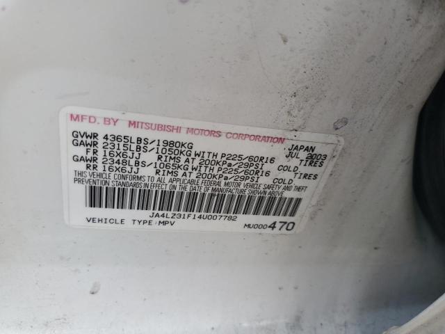 JA4LZ31F14U007782 - 2004 MITSUBISHI OUTLANDER LS WHITE photo 12