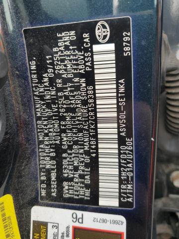 4T4BF1FK7CR158386 - 2012 TOYOTA CAMRY BASE BLUE photo 12