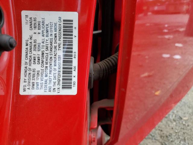 2HGFC2F81KH517091 - 2019 HONDA CIVIC SPORT 红色 照片 12