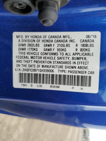 2HGFC3B71GH359006 - 2016 HONDA CIVIC EXL ლურჯი ფოტო 12