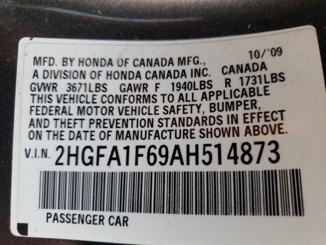 2HGFA1F69AH514873 - 2010 HONDA CIVIC LX-S Մոխրագույն լուսանկար 12