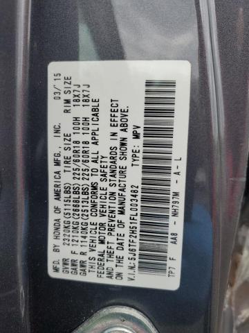 5J6TF2H51FL003482 - 2015 HONDA CROSSTOUR EXL ნაცრისფერი ფოტო 12