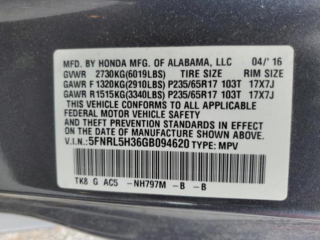 5FNRL5H36GB094620 - 2016 HONDA ODYSSEY SE GRAY photo 14