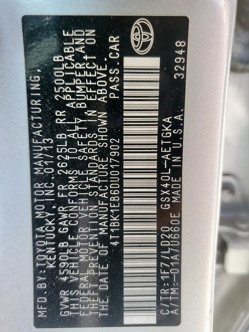 4T1BK1EB6DU017902 - 2013 TOYOTA AVALON BASE SILVER photo 13