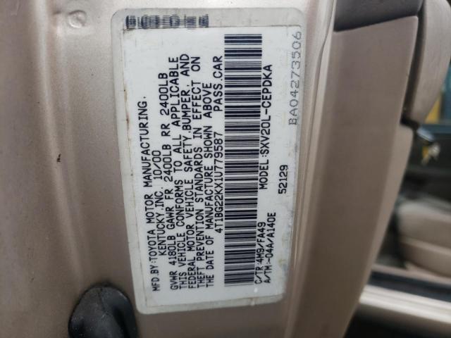 4T1BG22KX1U779587 - 2001 TOYOTA CAMRY CE BEIGE photo 12