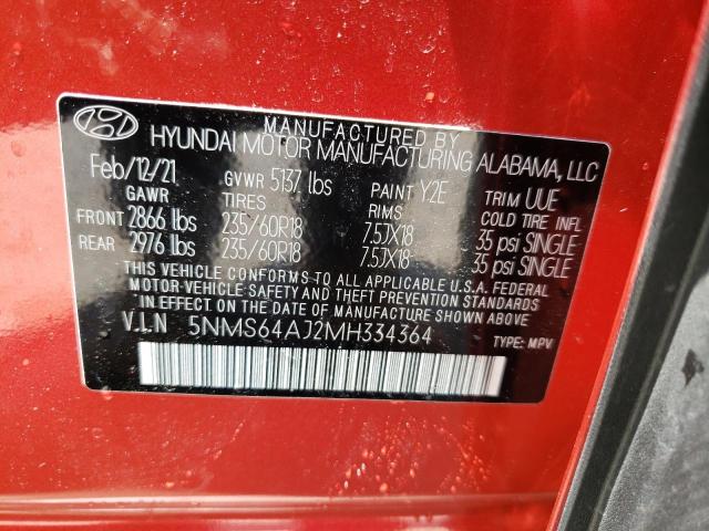 5NMS64AJ2MH334364 - 2021 HYUNDAI SANTA FE SEL RED photo 13