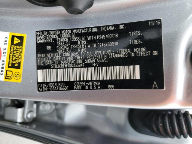 5TDJKRFH1GS355847 - 2016 TOYOTA HIGHLANDER XLE Gümüş foto 14