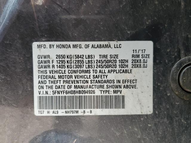 5FNYF6H08HB094926 - 2017 HONDA PILOT ELITE GRAY photo 14