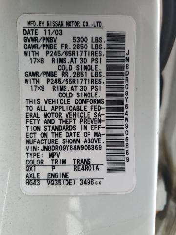 JN8DR09Y64W906869 - 2004 NISSAN PATHFINDER LE 白色 照片 14