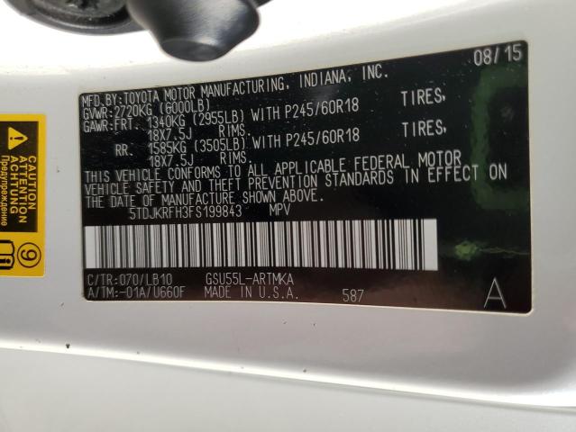 5TDJKRFH3FS199843 - 2015 TOYOTA HIGHLANDER XLE 白色 照片 14