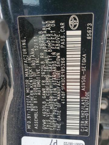 4T4BF1FK0CR185266 - 2012 TOYOTA CAMRY BASE ლურჯი ფოტო 12