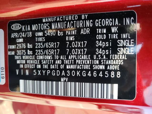 5XYPGDA30KG464588 - 2019 KIA SORENTO L RED photo 13