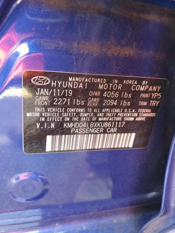 KMHD04LBXKU861117 - 2019 HYUNDAI ELANTRA SPORT BLUE photo 12