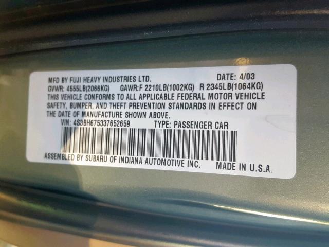 4S3BH675337652659 - 2003 SUBARU LEGACY OUTBACK AWP  照片 10