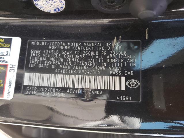 4T4BE46K38R042565 - 2008 TOYOTA CAMRY CE BLACK photo 12