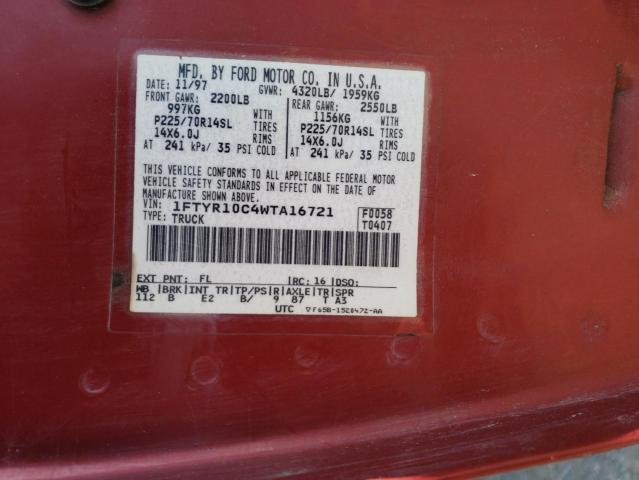 1FTYR10C4WTA16721 - 1998 FORD RANGER BURGUNDY photo 12