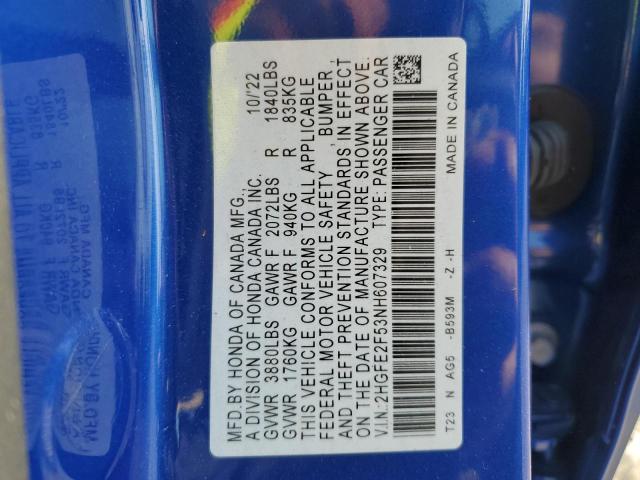 2HGFE2F53NH607329 - 2022 HONDA CIVIC SPORT 蓝色 照片 12