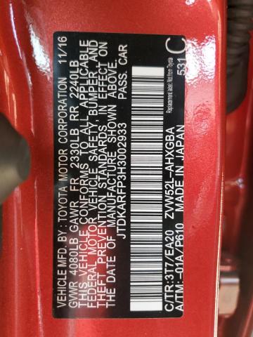 JTDKARFP3H3002933 - 2017 TOYOTA PRIUS PRIM წითელი ფოტო 12