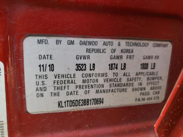 KL1TD5DE3BB170694 - 2011 CHEVROLET AVEO LS 红色 照片 12