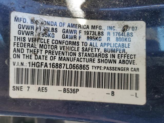 1HGFA16887L066865 - 2007 HONDA CIVIC EX BLUE photo 12