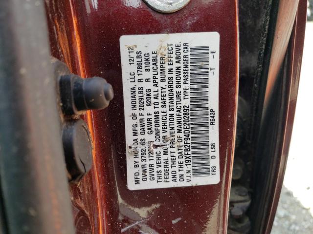 19XFB2F94DE202892 - 2013 HONDA CIVIC EXL მუქწითელი ფოტო 12