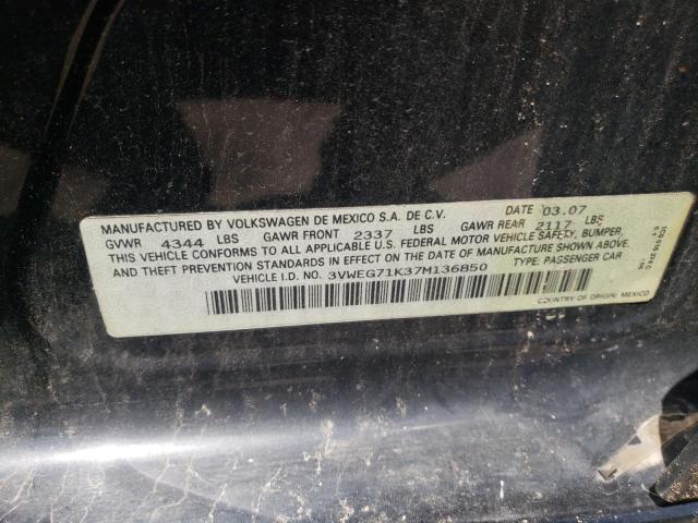 3VWEG71K37M136850 - 2007 VOLKSWAGEN JETTA WOLFSBURG 黑色 照片 10