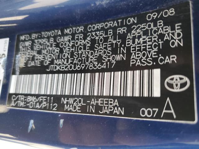 JTDKB20U697836417 - 2009 TOYOTA PRIUS BLUE photo 12