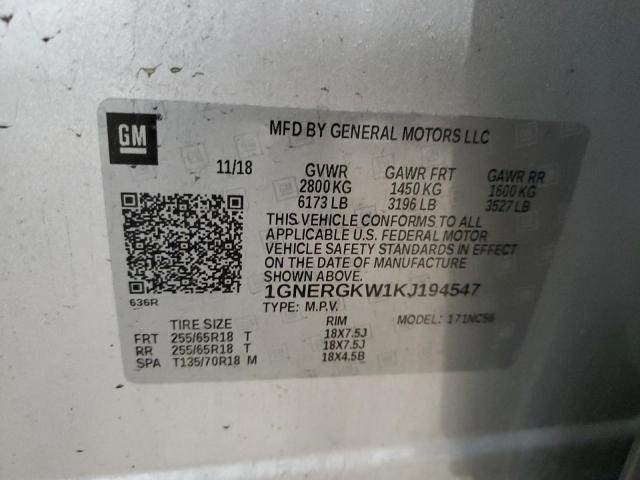 1GNERGKW1KJ194547 - 2019 CHEVROLET TRAVERSE LT 银色 照片 13