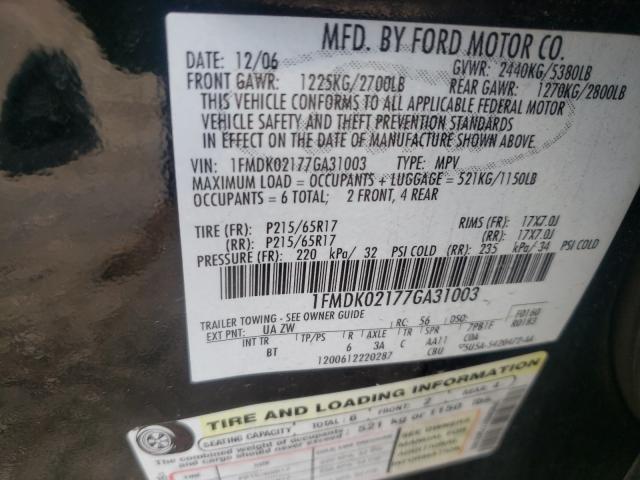 1FMDK02177GA31003 - 2007 FORD FREESTYLE SEL BLACK photo 10