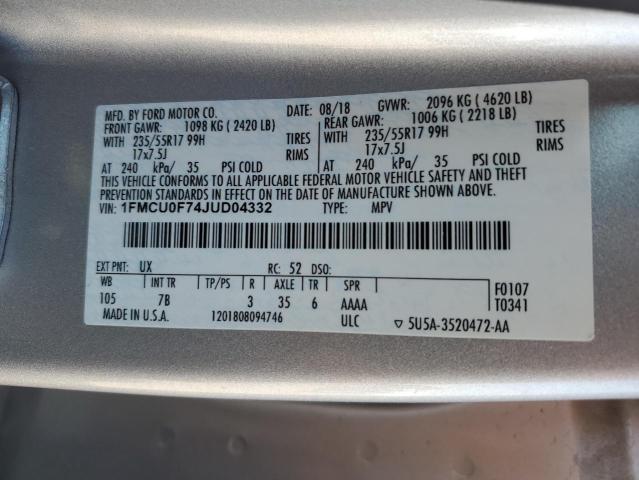 1FMCU0F74JUD04332 - 2018 FORD ESCAPE S SILVER photo 12