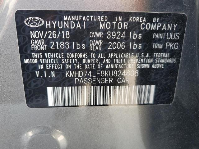 KMHD74LF8KU824808 - 2019 HYUNDAI ELANTRA SE GRAY photo 12