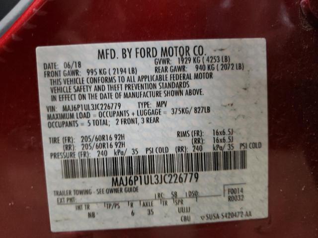 MAJ6P1UL3JC226779 - 2018 FORD ECOSPORT SE MAROON photo 13