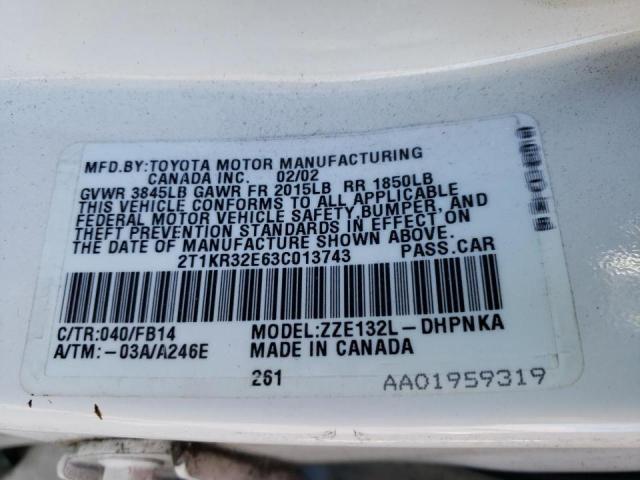 2T1KR32E63C013743 - 2003 TOYOTA COROLLA MA XR WHITE photo 12