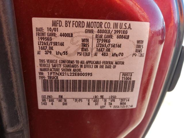 1FTNX21L22EB00595 - 2002 FORD F250 SUPER DUTY RED photo 12