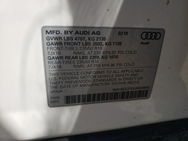 WA1BCCFS3JR028649 - 2018 AUDI Q3 PREMIUM WHITE photo 10