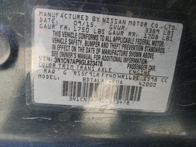 3N1CN7AP9GL823478 - 2016 NISSAN VERSA S BLUE photo 13