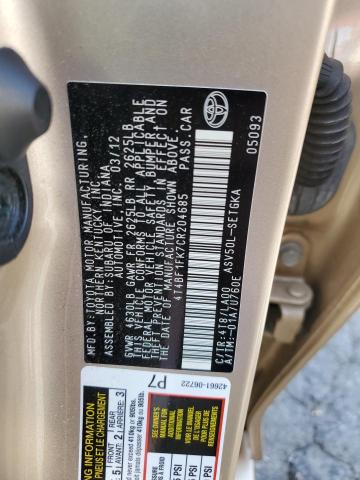 4T4BF1FK7CR204685 - 2012 TOYOTA CAMRY BASE GOLD photo 12