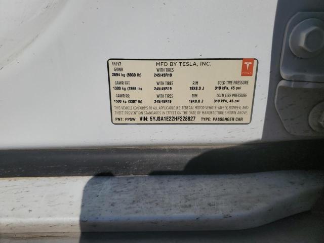 5YJSA1E22HF228827 - 2017 TESLA MODEL S 白色 照片 12