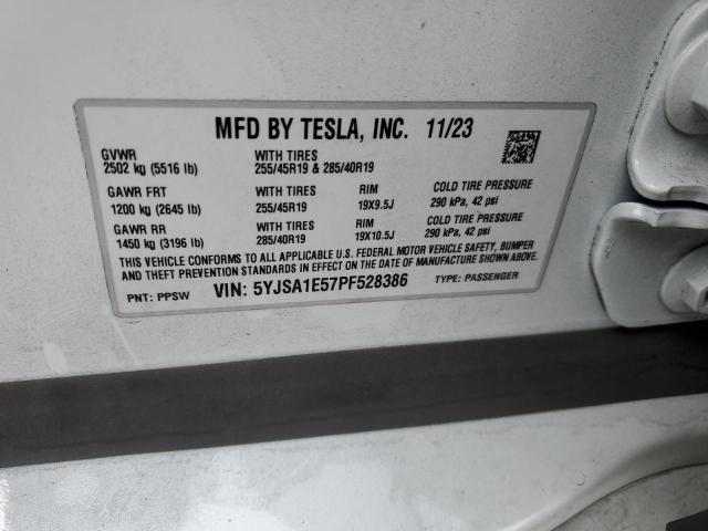 5YJSA1E57PF528386 - 2023 TESLA MODEL S თეთრი ფოტო 12