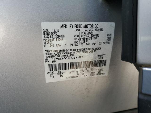 1FM5K8D8XEGB31672 - 2014 FORD EXPLORER XLT SILVER photo 12