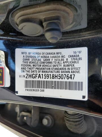 2HGFA15918H507647 - 2008 HONDA CIVIC EXL შავი ფოტო 12