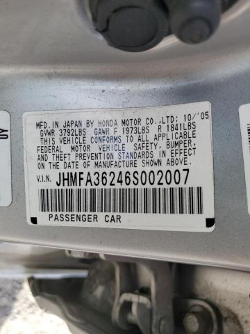 JHMFA36246S002007 - 2006 HONDA CIVIC HYBRID SILVER photo 12