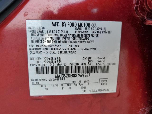 MAJ3S2GE8KC269567 - 2019 FORD ECOSPORT SE Rouge photo 12